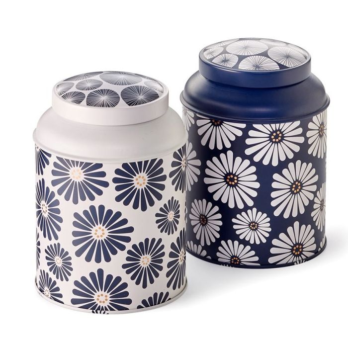 Sada plechových dóz Amami 175 g, 2 kusy, dvojitý uzávěr, květinový motiv v bílé a modré barvě