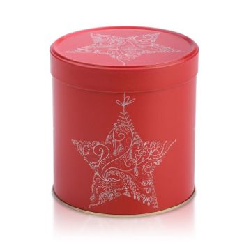 Vánoční červená dóza s dekorem hvězdy.